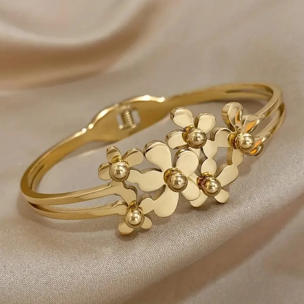 Women’s Gold Plated Abloom Dainty Bracelet Floral Blossom Charm Bangle, Feminine
